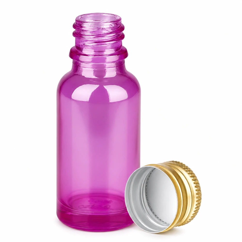 Flacon 20ml 11mm bouchon à vis alu-or standard PurpleLine. UT18/20 Flacon en verre violet de 20ml avec bouchon doré idéal pour les cosmétiques et l'aromathérapie