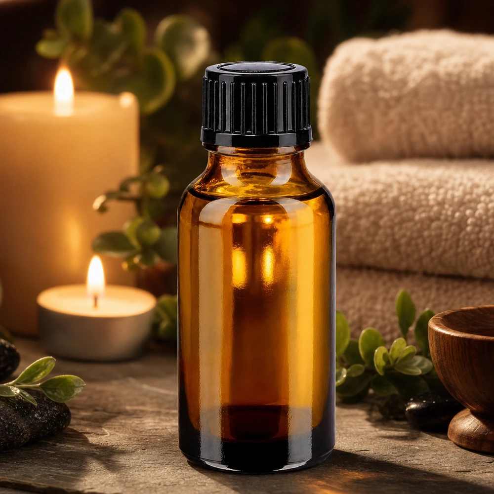 Flacon d'aromathérapie de 20 ml en verre d'apothicaire brun avec un bouchon en plastique noir