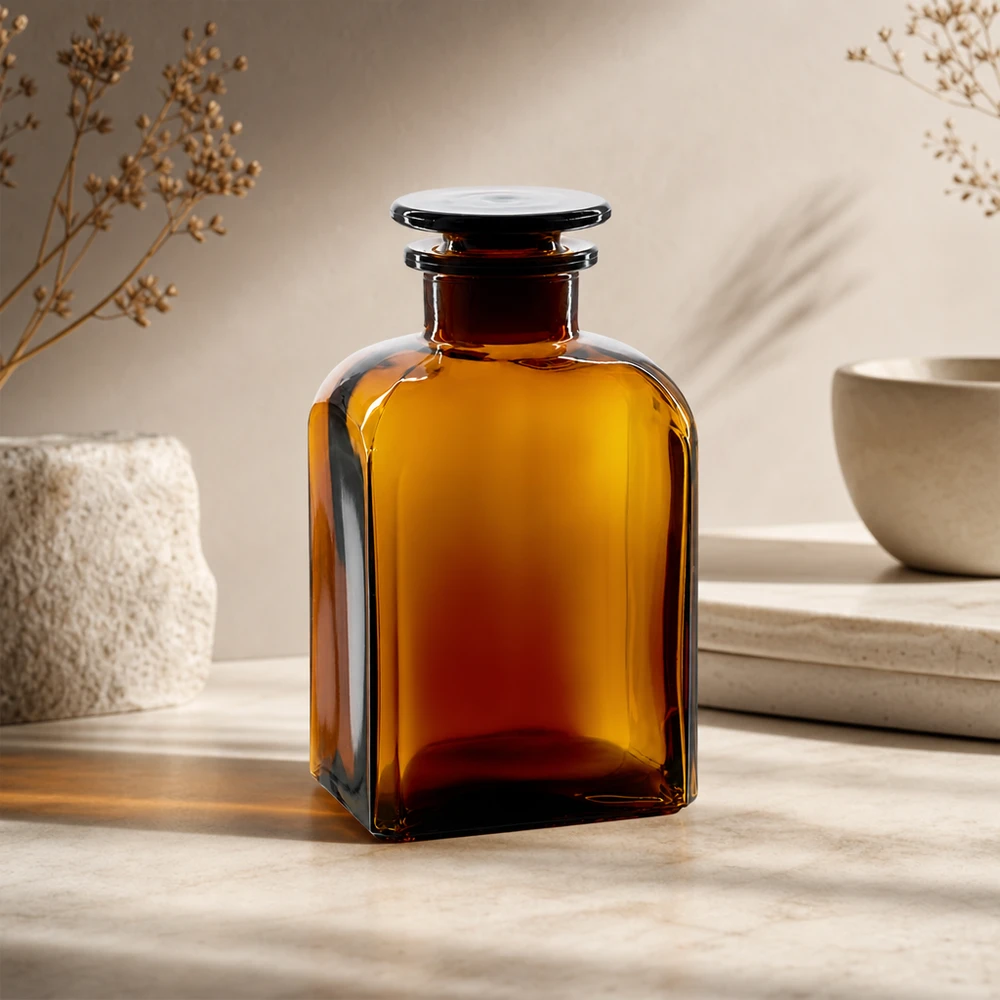 Flacon carré col large 500 ml + bouchon RIN, verre ambré Flacon en verre ambré de 500 ml à large ouverture et couvercle rond en verre, destiné aux produits cosmétiques