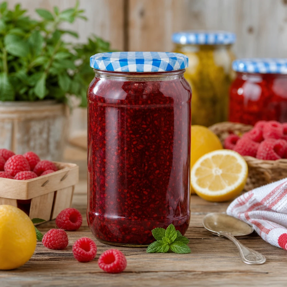 Pot rond de 1062 ml rempli de confiture de framboises, couvercle BasicSeal bleu et blanc, parfait pour les confitures et les pâtes de fruits maison.