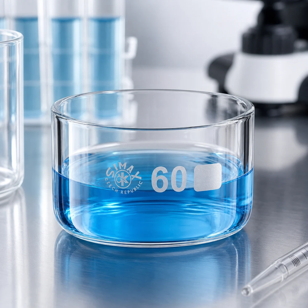 Bol cylindrique en verre de 60 ml, Simax Czech Republic, rempli d'un liquide bleu turquoise
