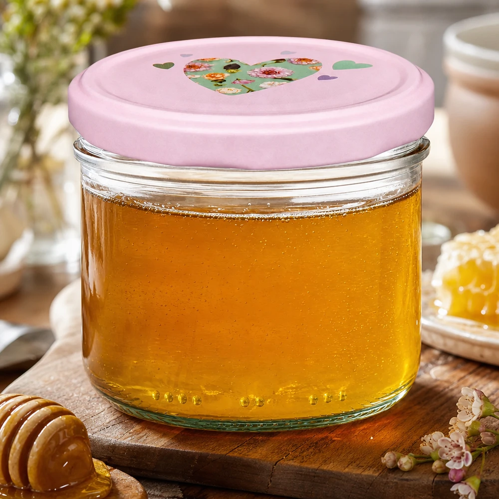 Pot cylindrique de 230 ml + couvercle BasicSeal rose cur Pot cylindrique de 230 ml avec couvercle en forme de cœur rose rempli de miel jaune doré, pot de miel sur planche en bois avec cuillère à miel