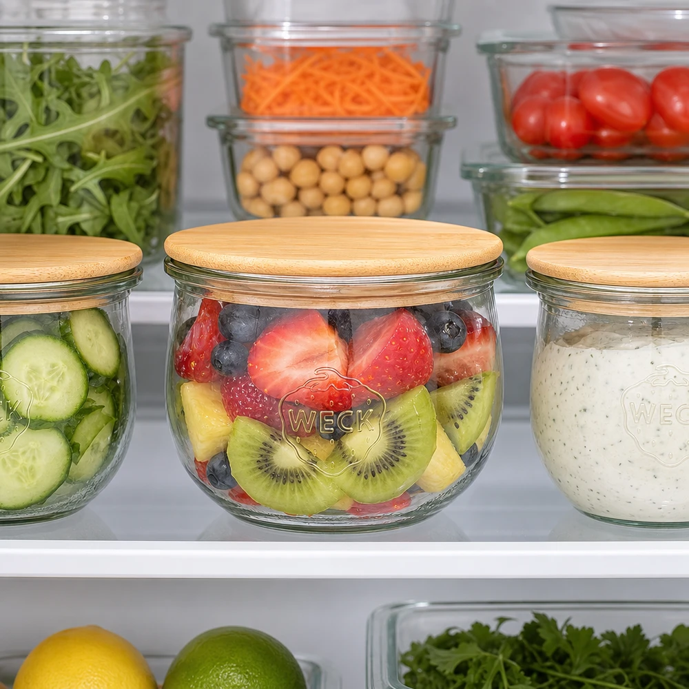 580ml bocal tulipe WECK RR100 avec couvercle en bois WECK Tulpenglas 580ml RR100 mit Holzdeckel im Kühlschrank - perfekt für frische Früchte und gesunde Meal-Prep