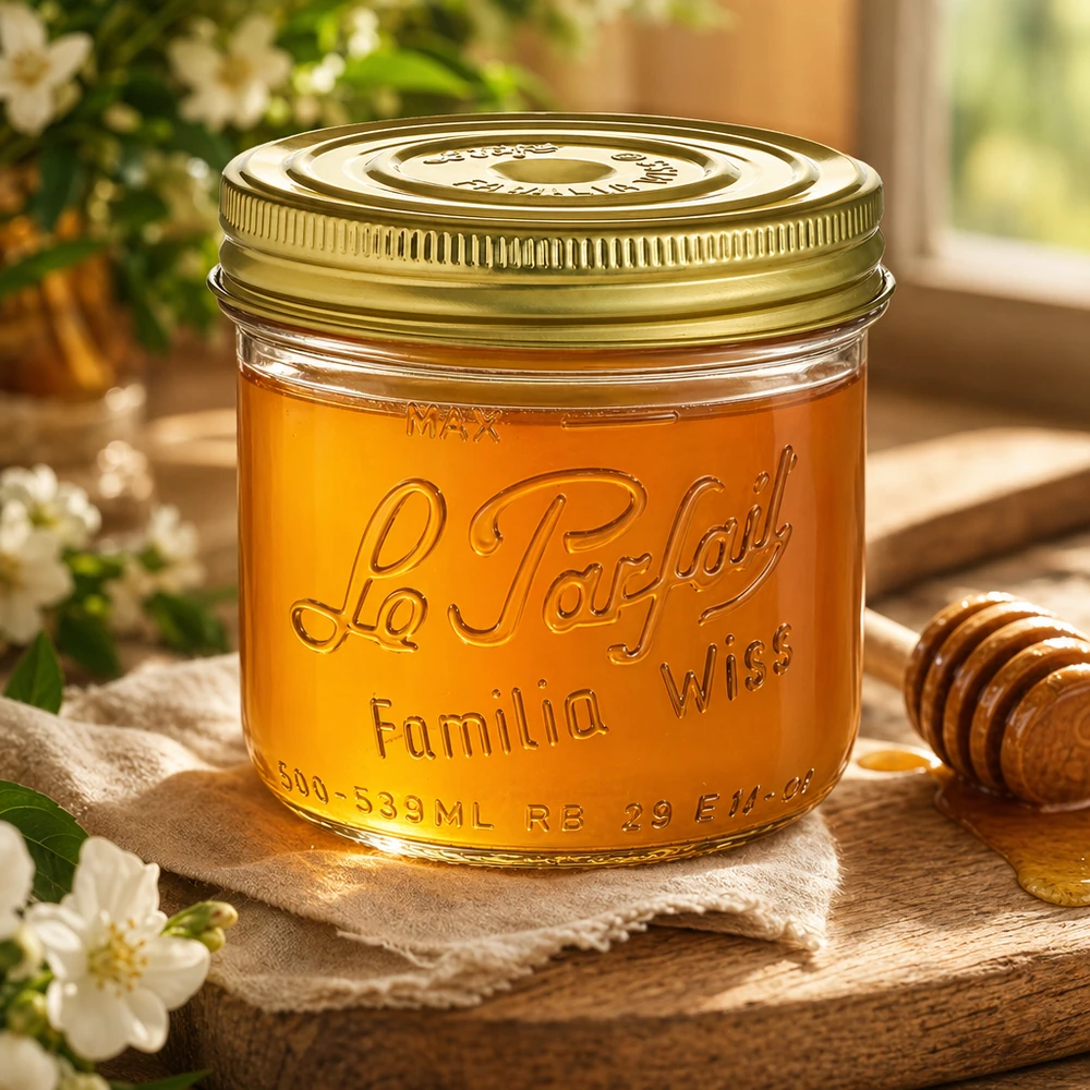 539ml Verre à pied Familia Wiss avec couvercle doré rempli de miel sur table en bois avec cuillère à miel et fleurs