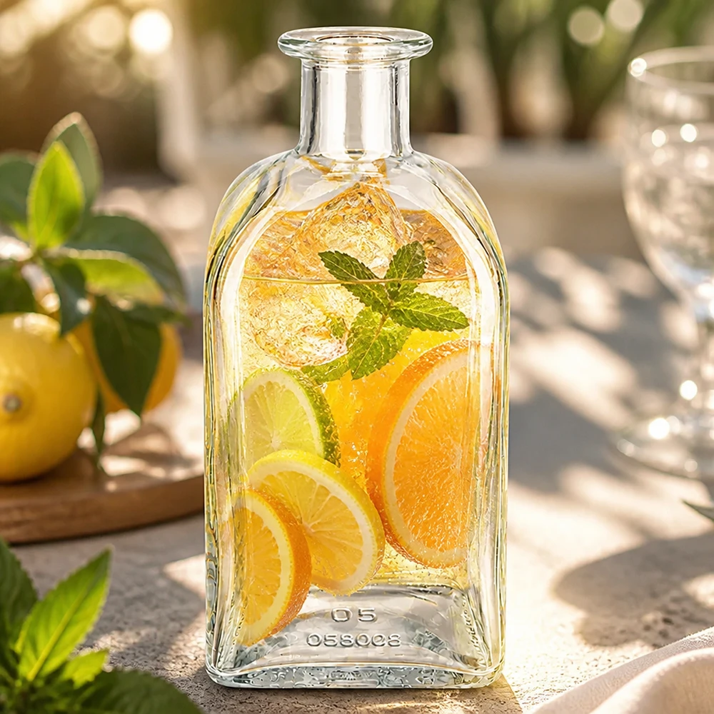 Bouteille en verre Julia de 500 ml remplie d'infusion d'agrumes et de menthe dans une ambiance de jardin ensoleillée comme boisson rafraîchissante