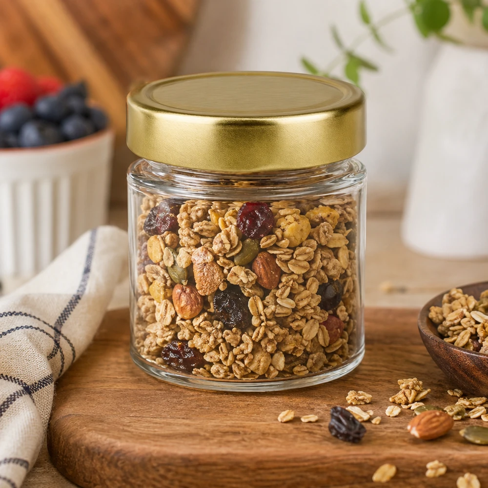 154ml Verre rond avec couvercle BasicSeal or UNiTWIST 154ml Verre rond BasicSeal or rempli de mélange de noix Noix Amandes Raisins Muesli Granola Table en bois Cuisine