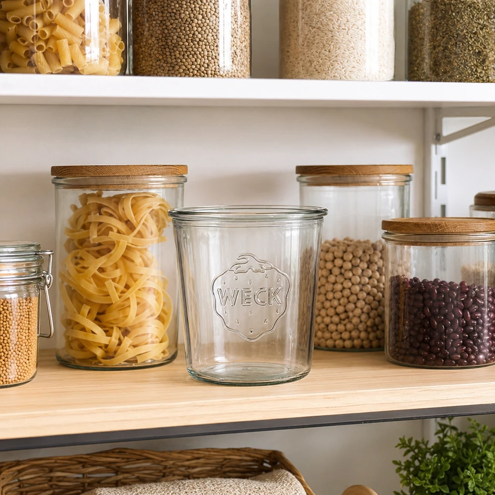 WECK Verre renversé 580ml RR100 dans la cuisine avec bocaux de conservation pour pâtes légumes secs et céréales sur une étagère en bois