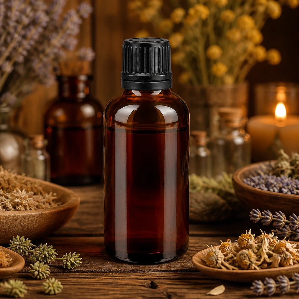 Flacon 50ml 11mm SV noir OV BrownLine UT18/50 Petit flacon en verre brun de 50 ml avec bouchon noir pour un dosage précis des essences