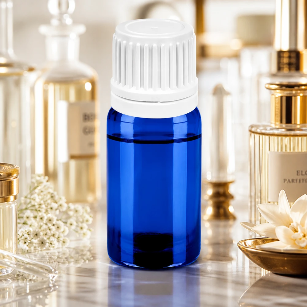 Flacon compte-goutte 5ml 0.7mm blanc OV BlueLine UT18/5 Elégant flacon compte-gouttes bleu de 5 ml avec bouchon blanc mat pour produits premium