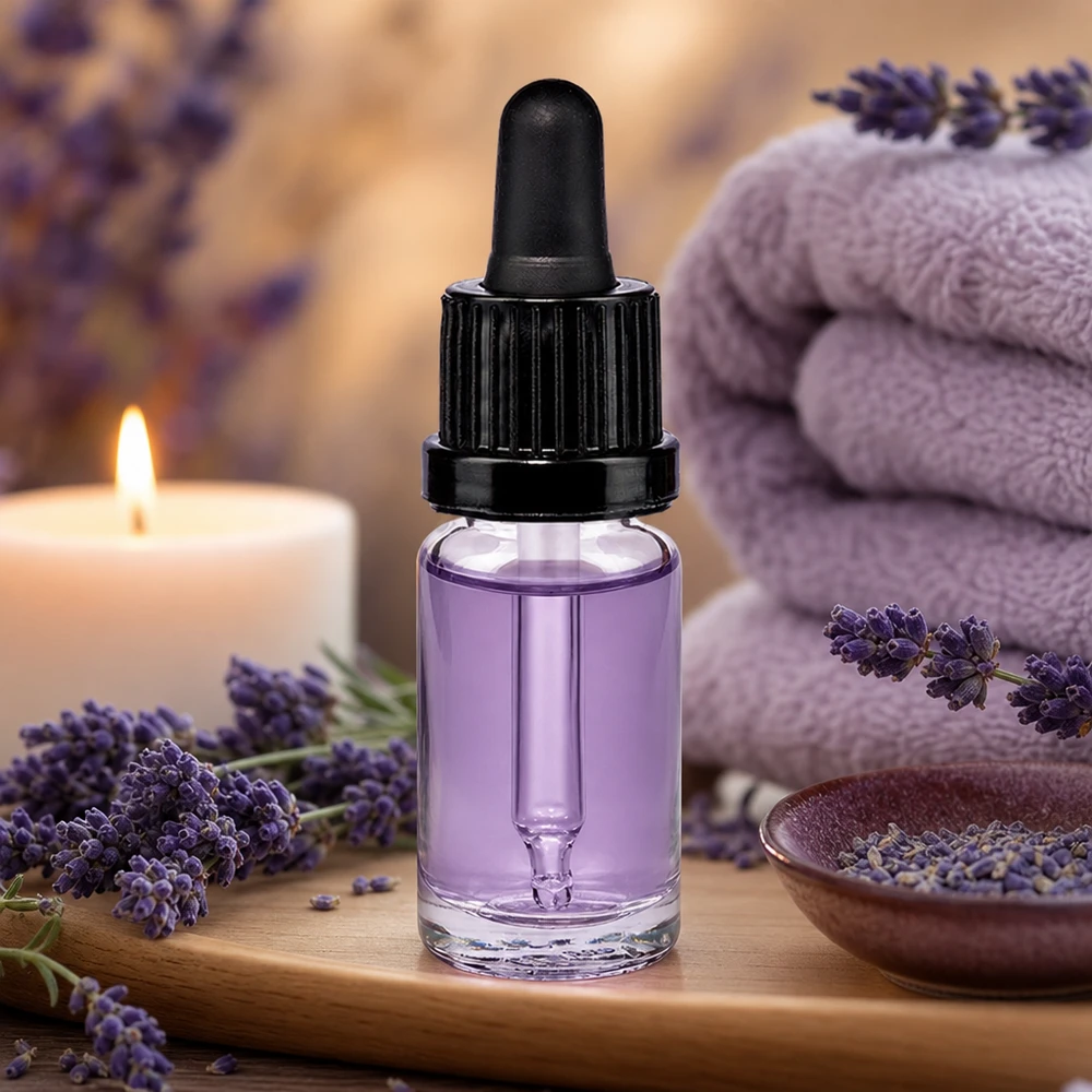 Flacon à pipette 10ml noir OV ClearLine UT18/10 Flacon pipette de 10 ml contenant de l'huile de lavande violette, muni d'un compte-gouttes OV noir et d'une bougie, dans un décor de spa