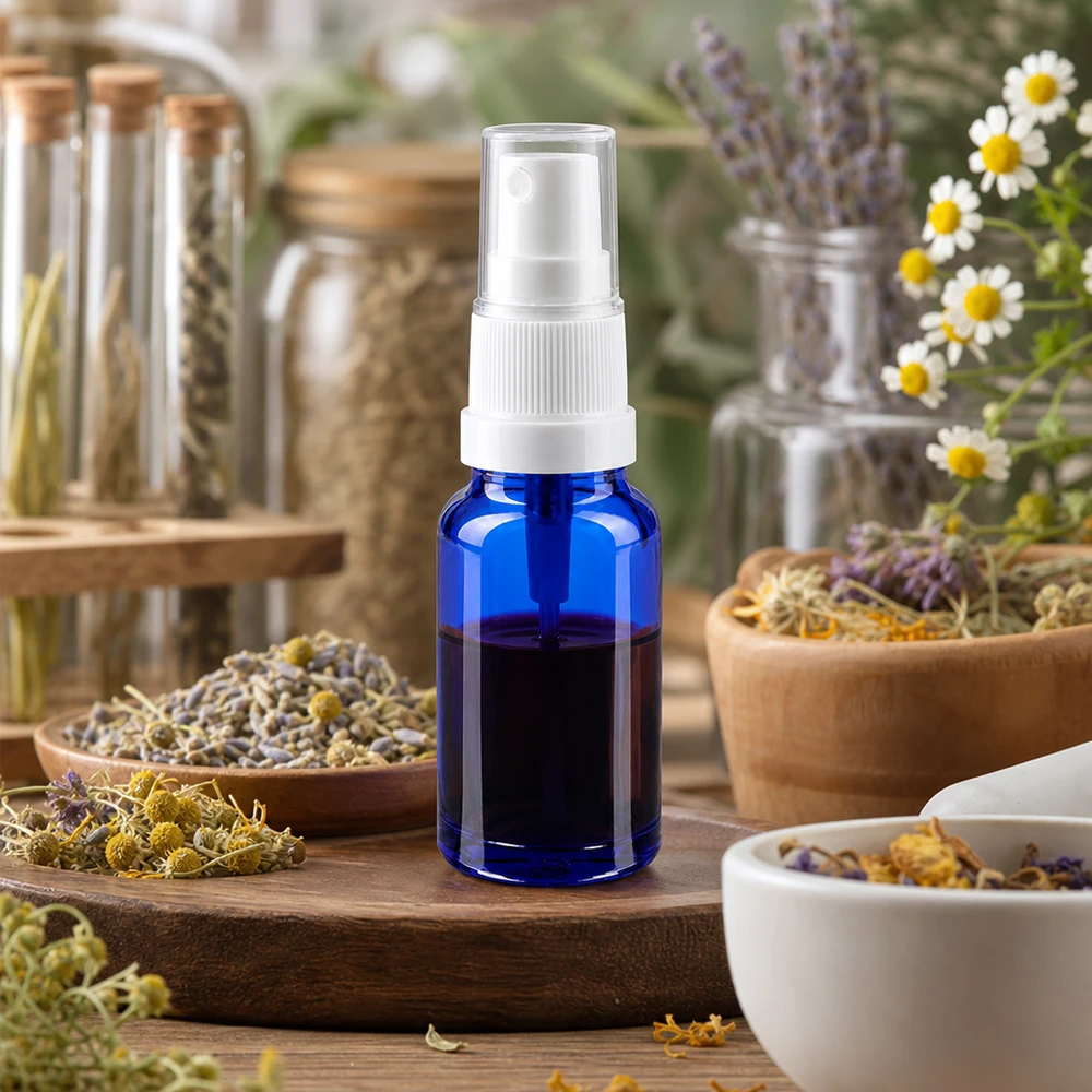 Vaporisateur 10ml blanc/tr. STD BlueLine UT18/10 Vaporisateur en verre BlueLine 10ml avec design transparent pour cosmétiques naturels