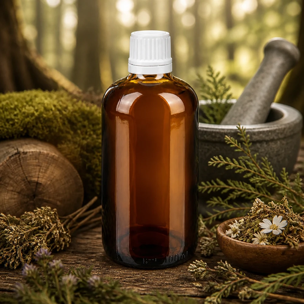 Flacon en verre ambré de 100 ml muni d'un compte-gouttes de 0,7 mm, entouré de plantes médicinales sur une surface en bois