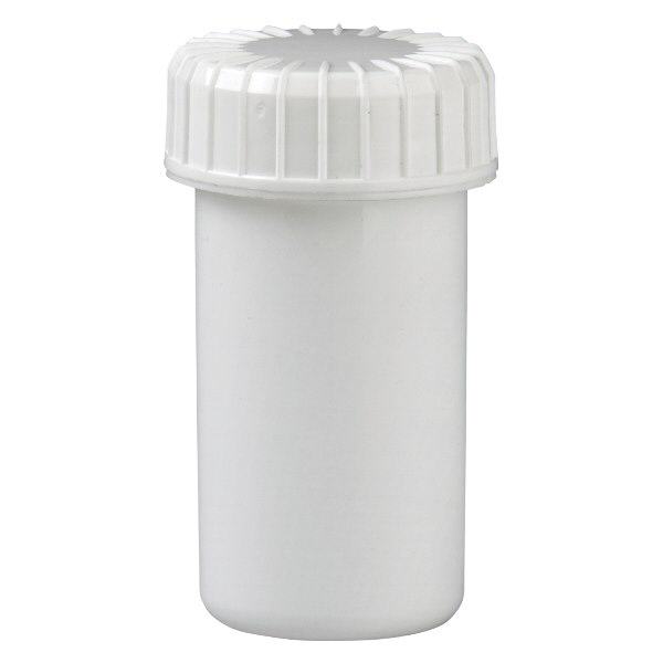 Pot en plastique blanc 20 ml + couvercle à vis blanc strié en PE, fermeture standard