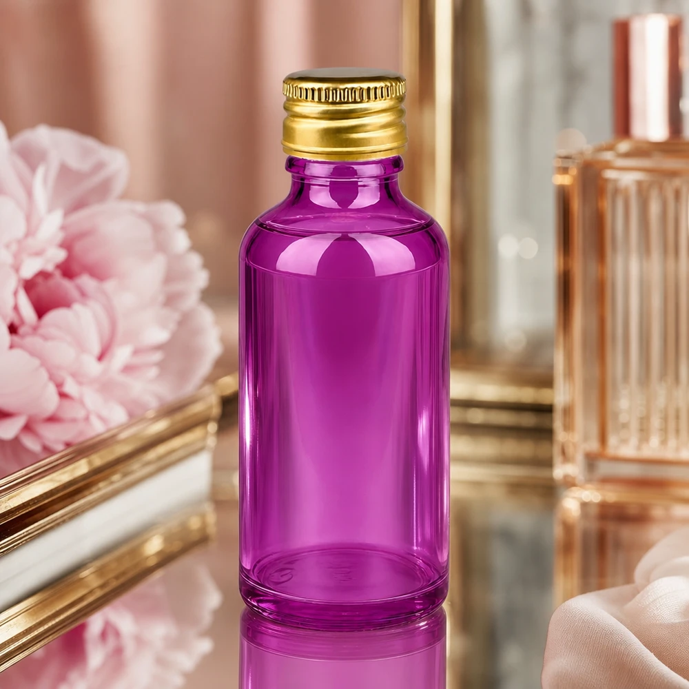 Flacon 50ml bouchon à visser 11mm alu-or standard PurpleLine. UT18/50 Petit flacon de 50 ml en verre violet avec bouchon doré, parfait pour les formats de voyage et les échantillons.