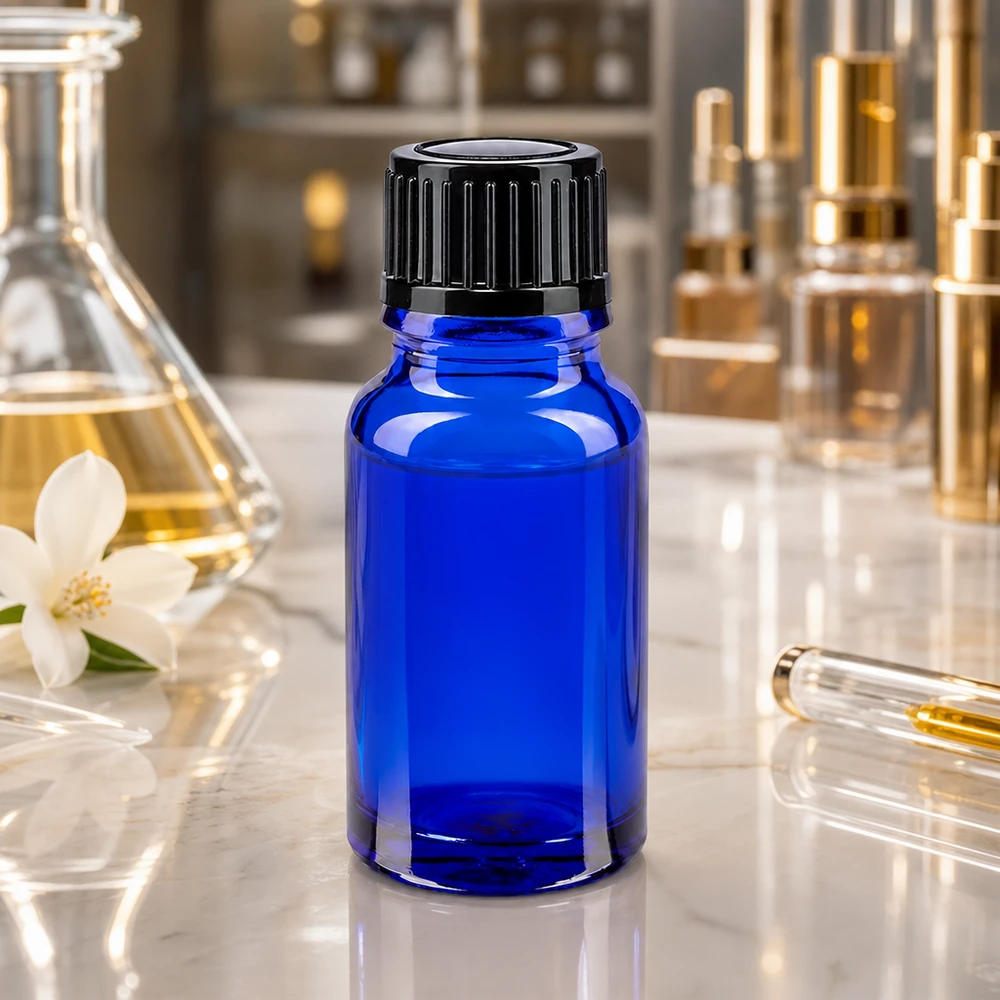 Flacon de pharmacie bleu 10ml bouchon vissable noir standart Flacon compte-gouttes bleu cobalt de 10 ml, en verre avec protection UV, muni d'un bouchon à vis noir, destiné aux applications de laboratoire