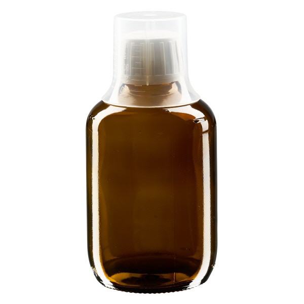 Flacon médical norme européenne de 200 ml, avec bouchon à vis  blanc et gobelet doseur de 30 ml