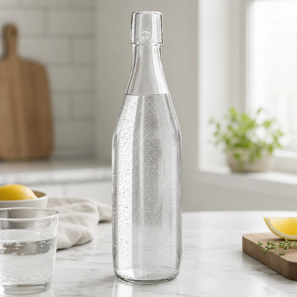 Bouteille en verre de 500ml UNiTWIST remplie d'eau gazeuse sur un comptoir en marbre dans une cuisine blanche moderne avec du citron