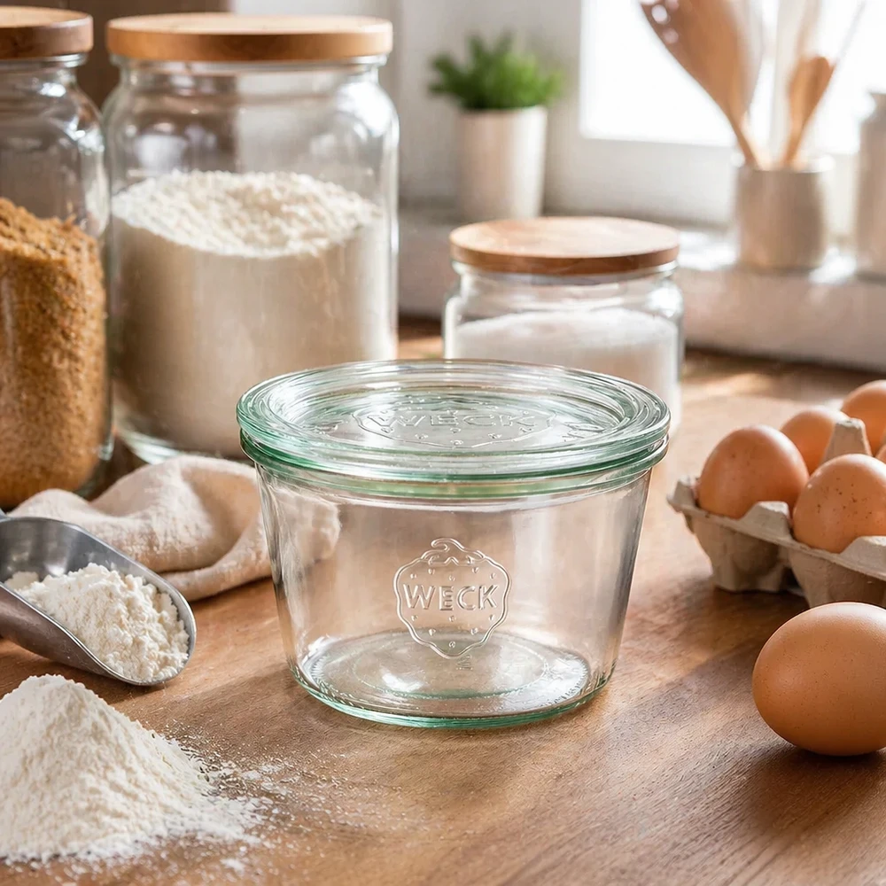 Bocal en verre de 370 ml avec couvercle en verre WECK RR100 WECK Verre renversé 370ml RR100 en ambiance de cuisine avec farine oeufs et ingrédients pour la cuisine et la pâtisserie