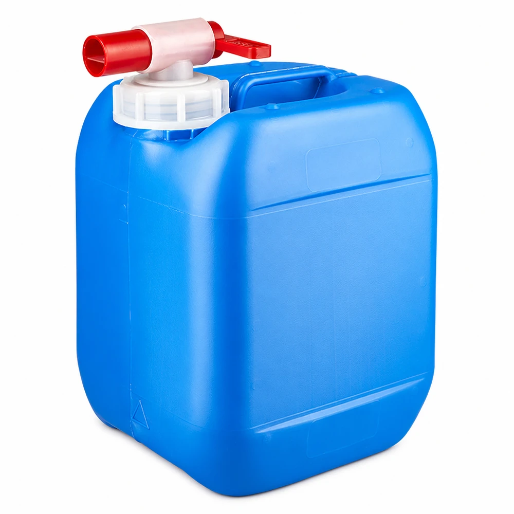 Bidon rectangulaire de 5 litres en plastique HDPE bleu, muni d'un robinet pratique