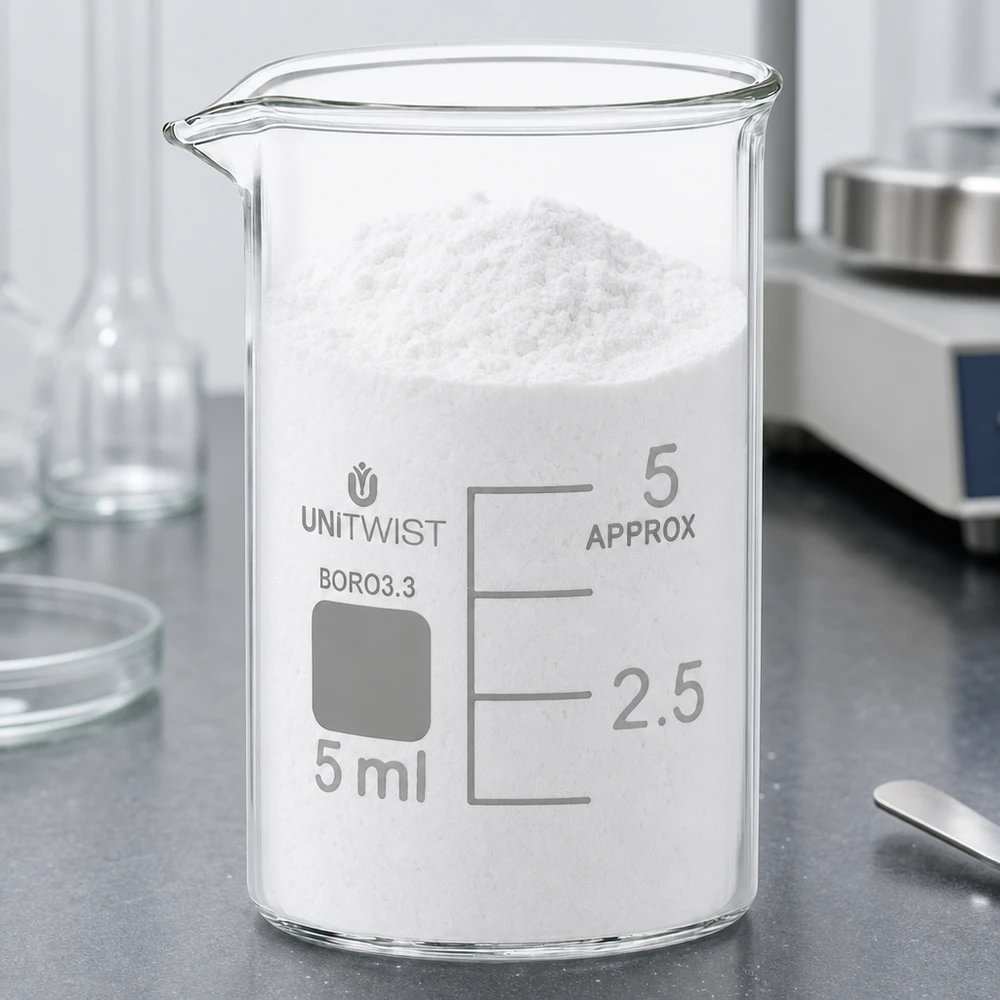 Bécher 5ml borosilicate, forme basse UNiTWIST Petit bécher de 5 ml UNiTWIST BORO3.3 contenant une matière solide blanche sur un poste de travail de laboratoire professionnel