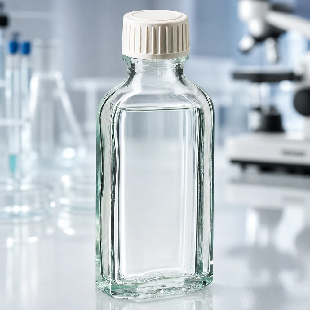 Flacon de laboratoire transparent de 50 ml avec insert en mousse de PE et microscope en arrière-plan
