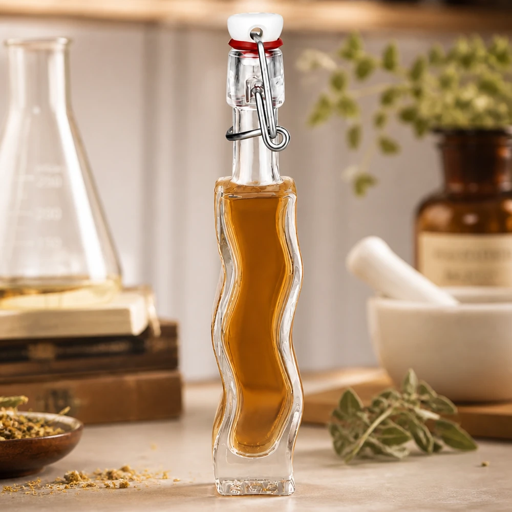 Flacon en verre « Fila » 40 ml avec bouchon en PVC UNiTWIST® Bouteille en verre Anna de 40 ml remplie de liquide couleur miel dans une cuisine rustique avec des herbes et de la verrerie