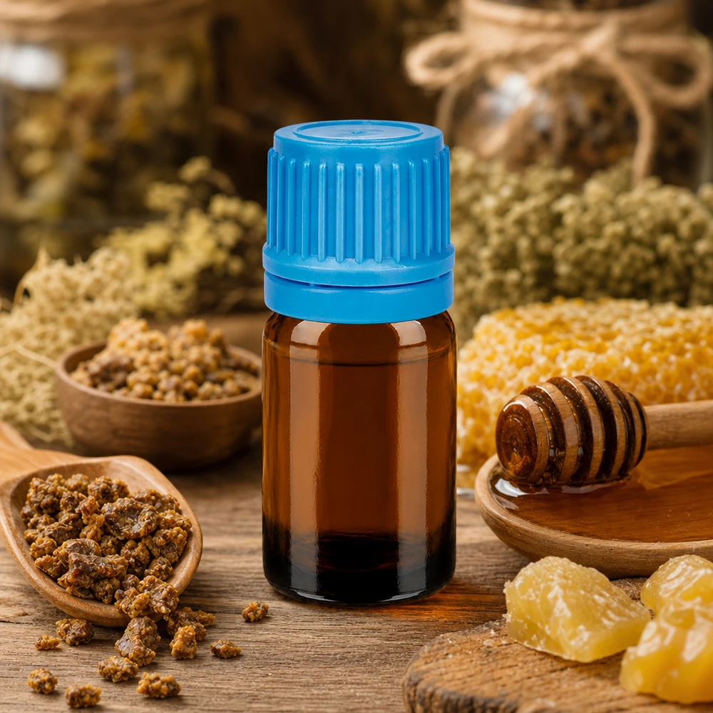 Flacon compact en verre brun de 5ml avec bouchon bleu parfait pour l'homéopathie et la naturopathie