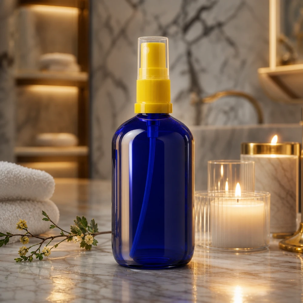 Flacon pulvérisateur en verre d'apothicaire bleu cobalt de 100 ml, avec protection anti-UV et diffuseur jaune