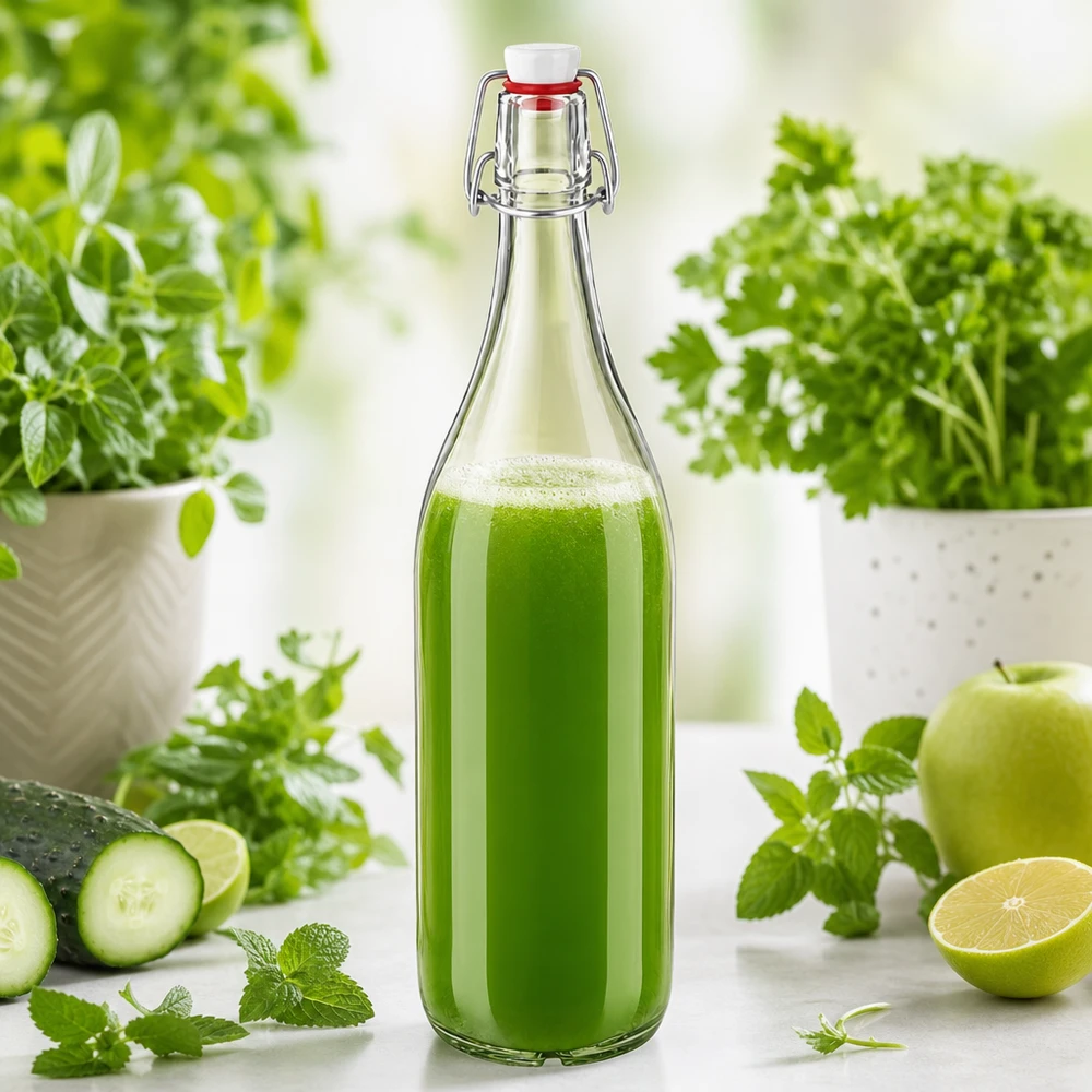 Bouteille en verre de 1000 ml avec bouchon à étrier en PVC remplie de smoothie vert entouré d'herbes et de légumes frais.