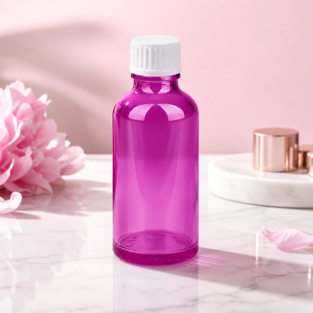 Flacon 50ml (globules) 3mm bague de coulée blanche standard PurpleLine. UT18/50 Petit flacon de 50 ml en verre pourpre avec bouchon de sécurité pour enfants pour la médecine et le bien-être