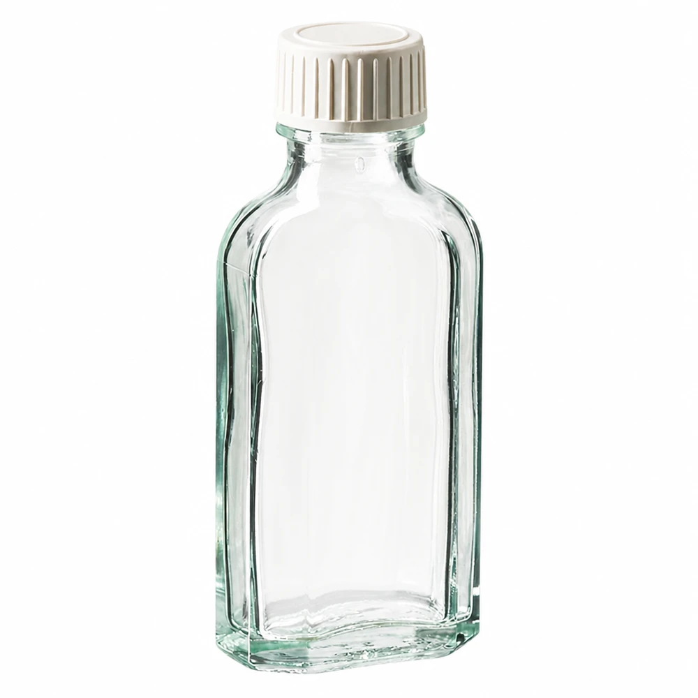 Petite bouteille carrée transparente de 50 ml en verre, avec un bouchon en plastique blanc