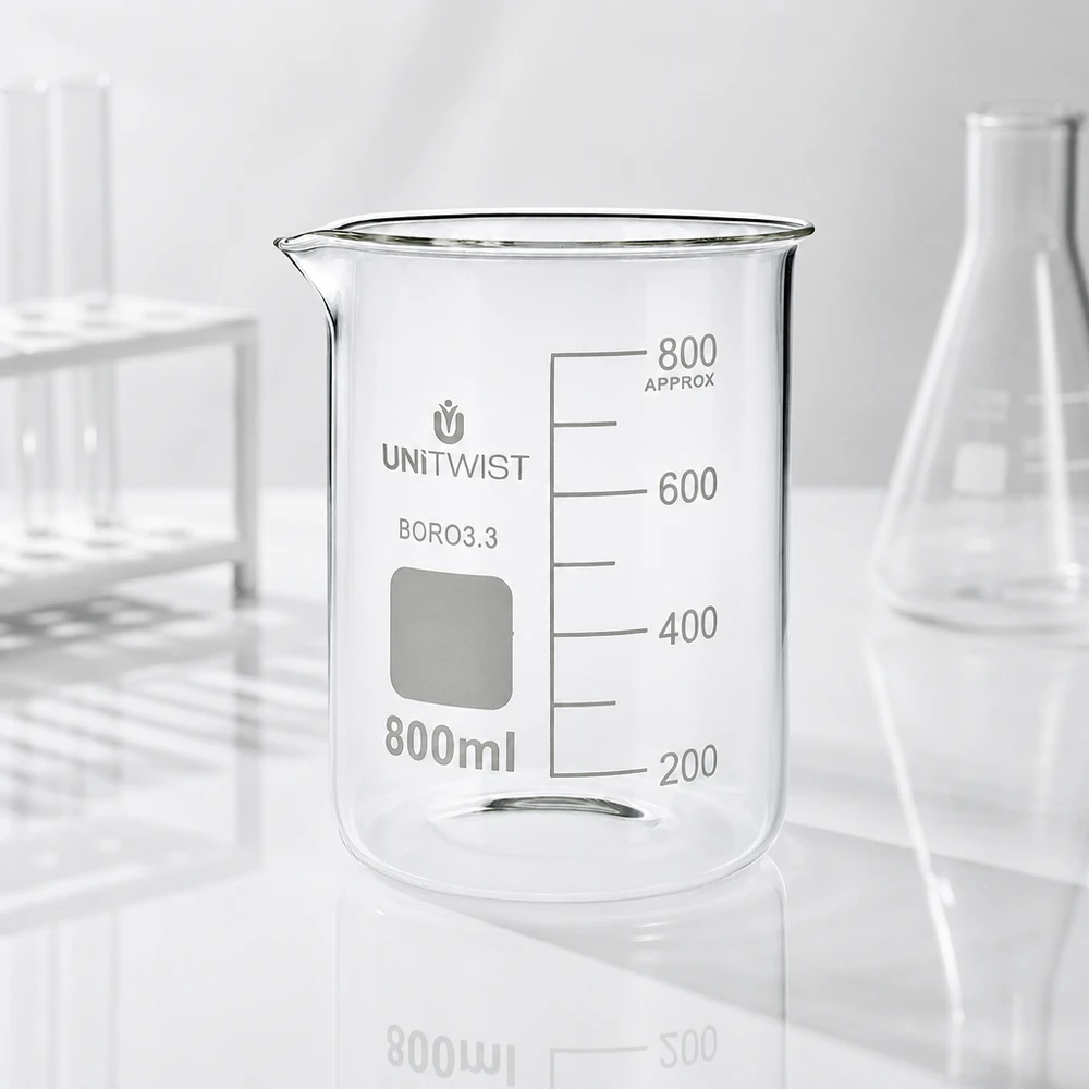 Bécher 800ml borosilicate, forme basse UNiTWIST Verre à bec UNiTWIST de 800 ml en borosilicate, de forme basse, à côté d'un ballon d'Erlenmeyer dans un laboratoire
