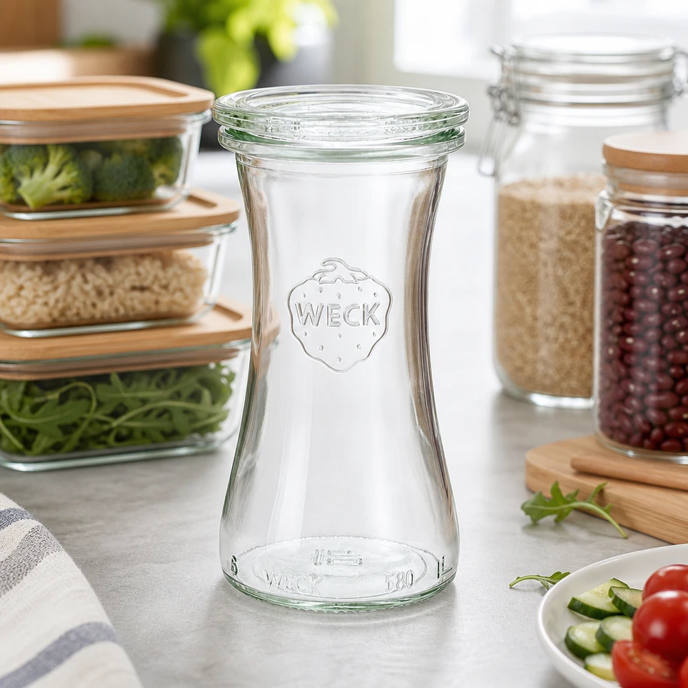 WECK Pot à délicatesse 100ml RR40 vide dans une cuisine moderne avec des bocaux à provisions Légumes et céréales en arrière-plan