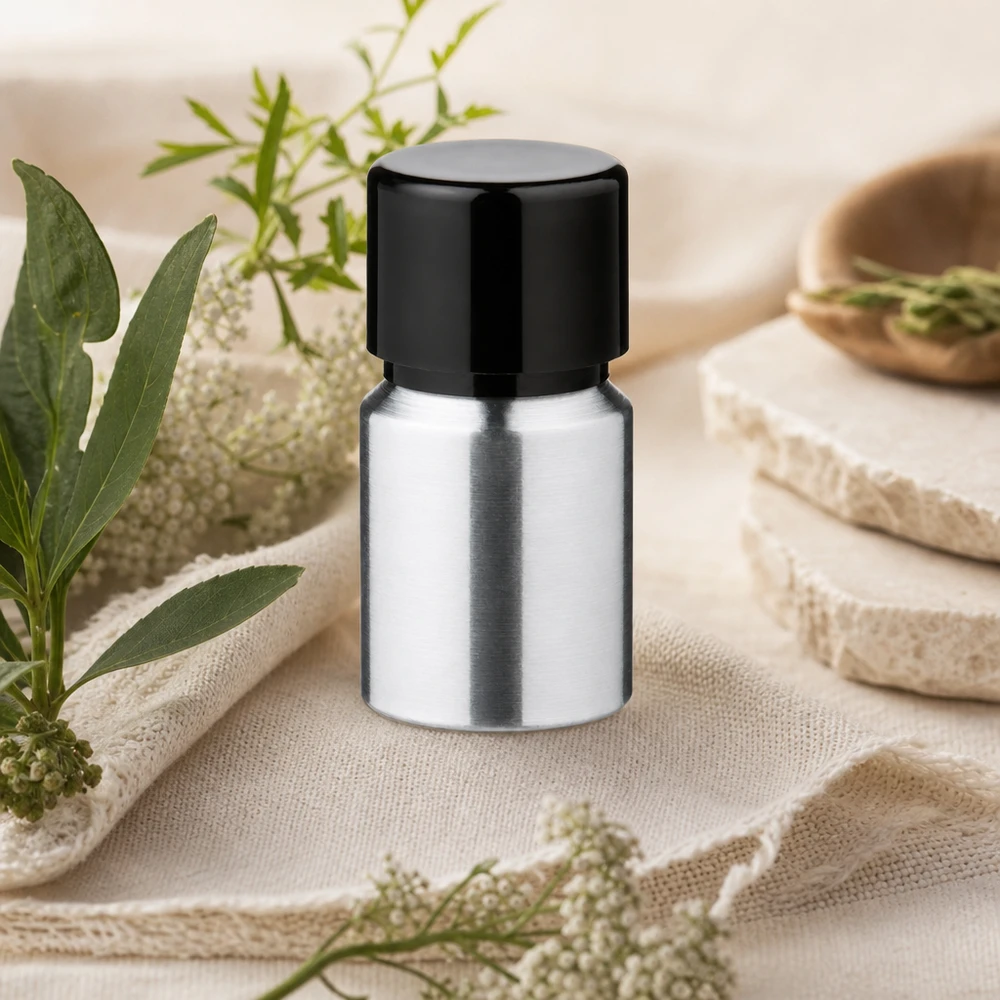 Bouteille en aluminium poncé 10 ml, avec bouchon à vis noir et joint conique Bouteille métallique légère de 10 ml en aluminium poli avec capuchon noir pour le transport