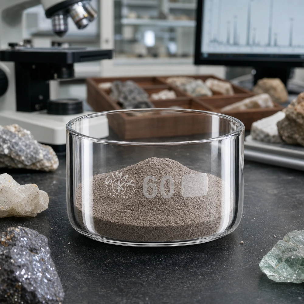 Coupelle cylindrique en verre borosilicaté Simax de 60 ml contenant de la poudre grise dans un laboratoire de recherche géologique