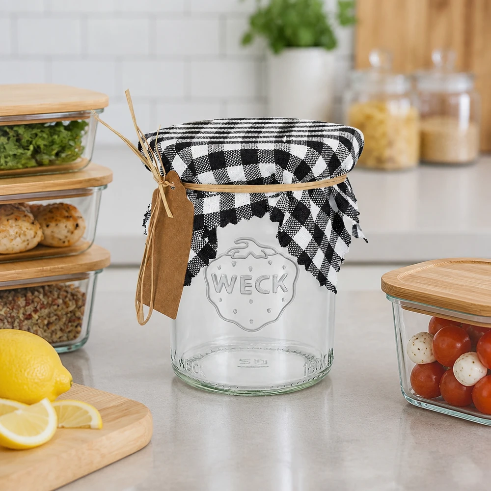 Bocal à conserves avec couvercle en tissu à carreaux noirs et blancs et pendentif en raphia, organisation de la cuisine au look vintage