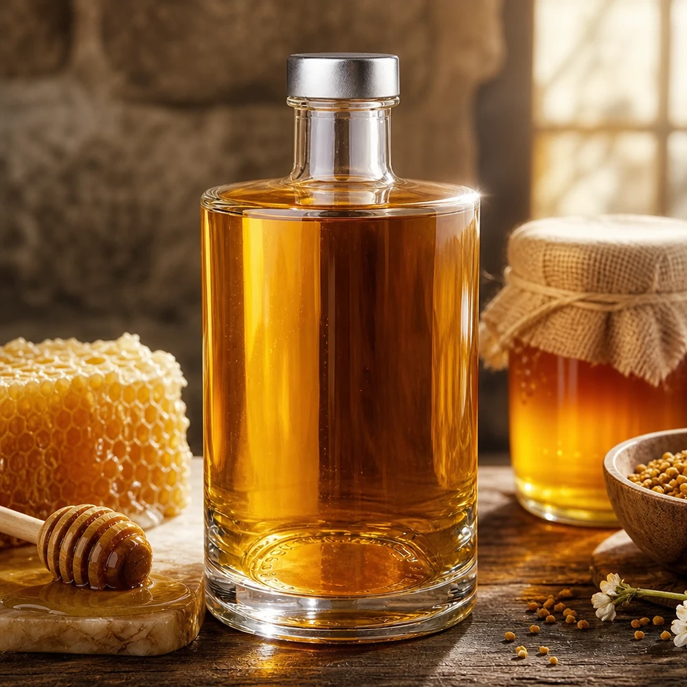 375ml Bouteille en verre Sam remplie de miel doré à côté de nid d'abeille et de pot de miel - Bouteille de spiritueux avec bouchon à vis