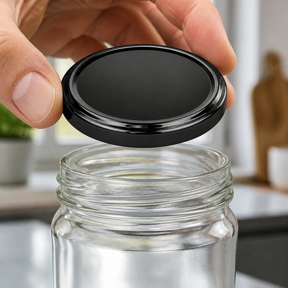 Couvercle BasicSeal noir 63 mm TO63 avec filetage intérieur apparent pour une fermeture hermétique du bocal