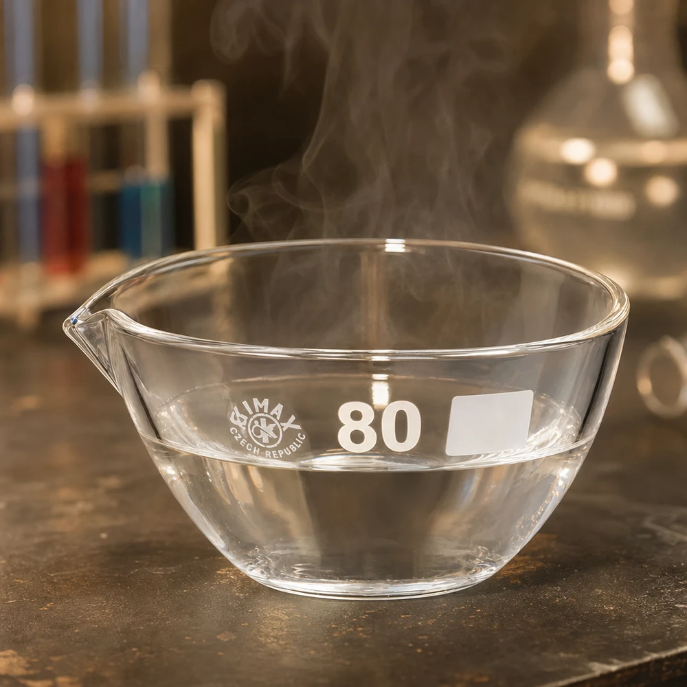 Capsule d’évaporation 90 ml en verre borosilicate, avec bec verseur Bol d'évaporation en borosilicate transparent 90ml idéal pour l'évaporation de solvants