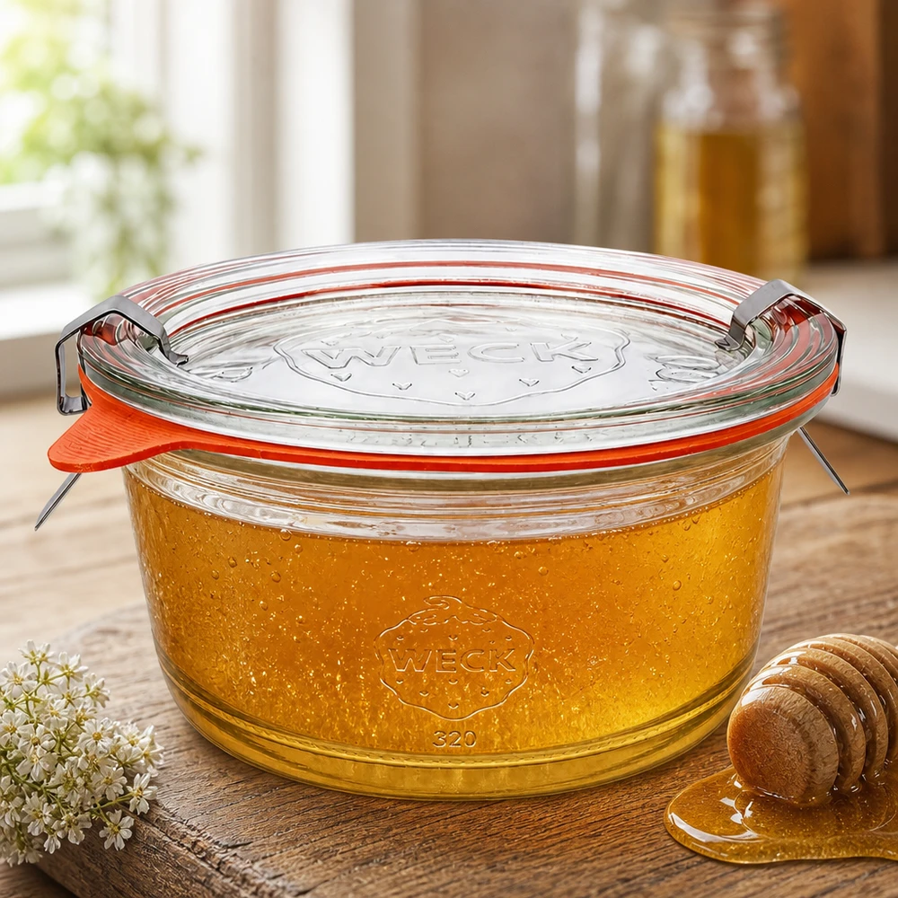 WECK Pot gourmet 450ml RR120 rempli de miel et cuillère à miel montre l'utilisation pour les aliments naturels
