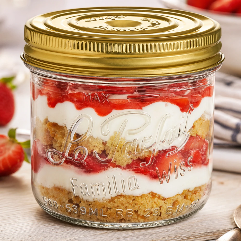 Verre à pied Familia Wiss 539ml avec couvercle doré à visser et couches de desserts aux fraises et fond de biscuit