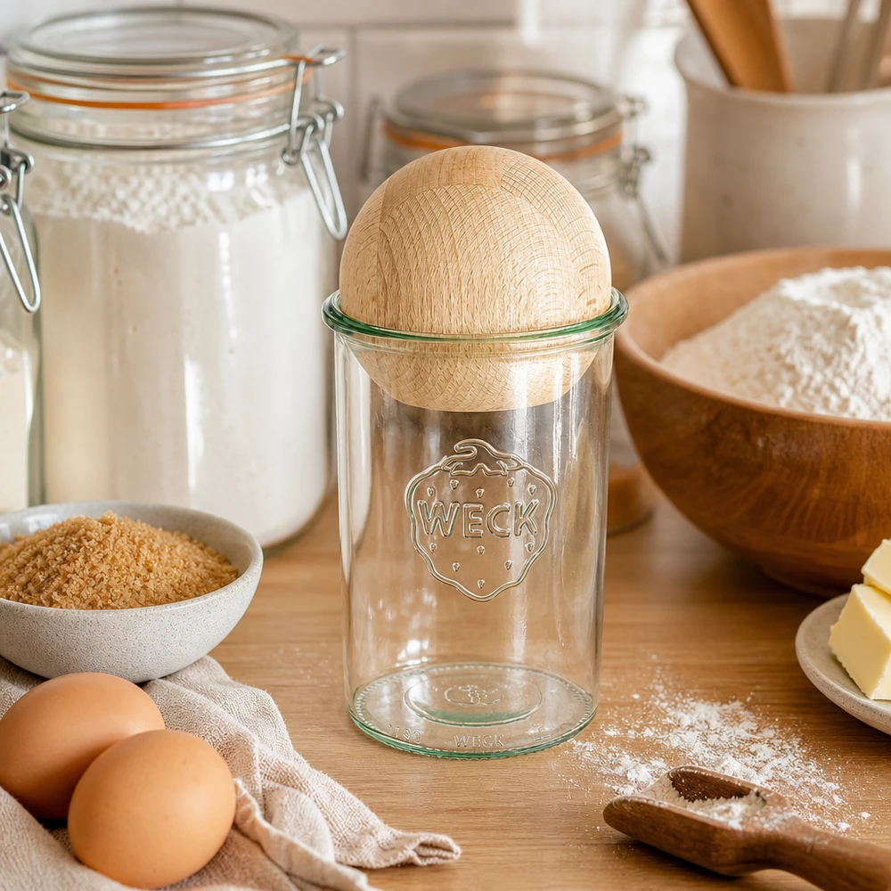 WECK Pot renversé 1000ml RR100 avec couvercle en forme de boule de hêtre dans un décor d'ingrédients de boulangerie avec farine, œufs et bocaux de conservation