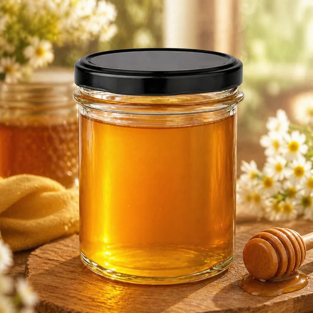 230ml Verre conique avec couvercle BasicSeal noir UNiTWIST Pot de 230ml avec couvercle noir rempli de miel doré à côté de la cuillère à miel sur une planche en bois décoration naturelle