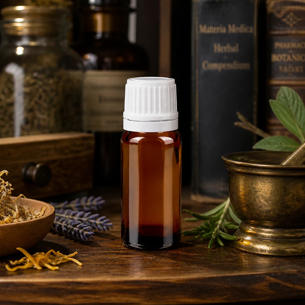 Flacon cylindrique de 10 ml en verre ambré, avec bouchon à vis blanc, posé sur une surface en bois