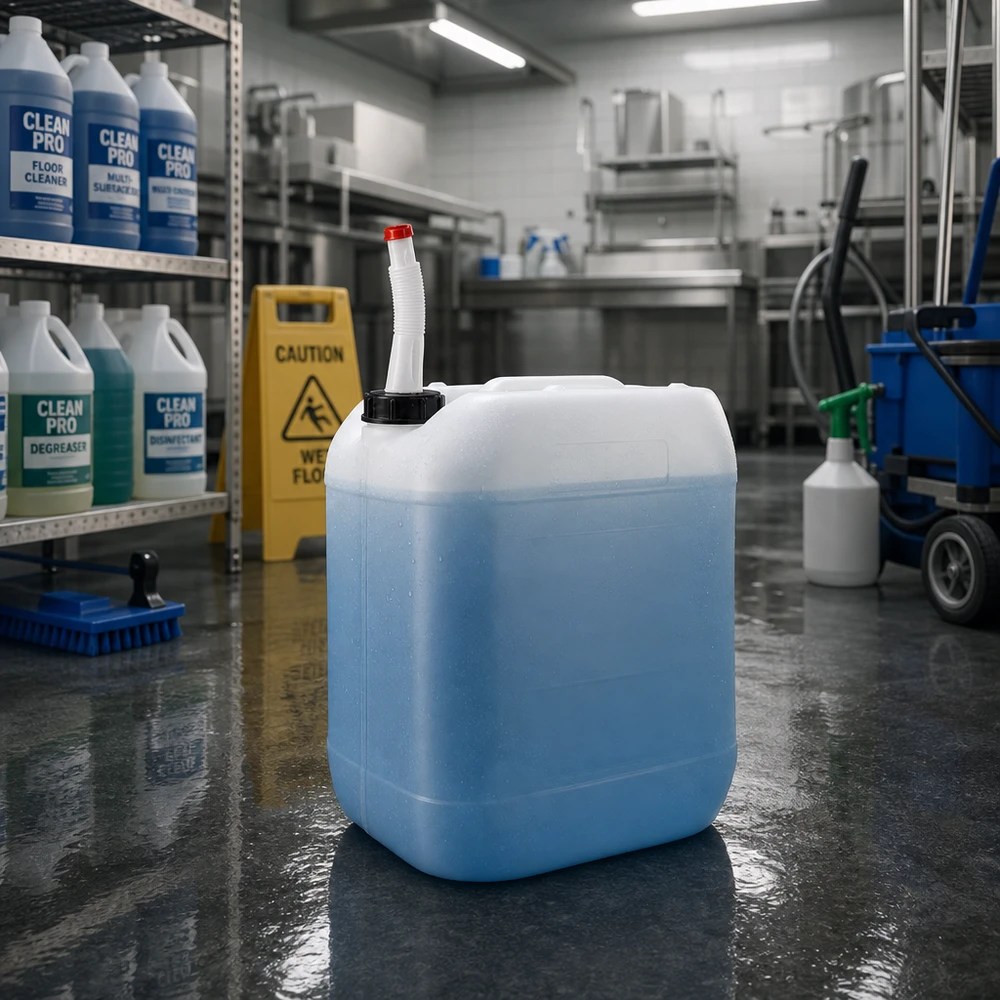 Bidon 20 litres avec tuyau d'écoulement Flex Grand conditionnement de produit nettoyant : bidon de 20 L avec bec verseur flexible pour la restauration