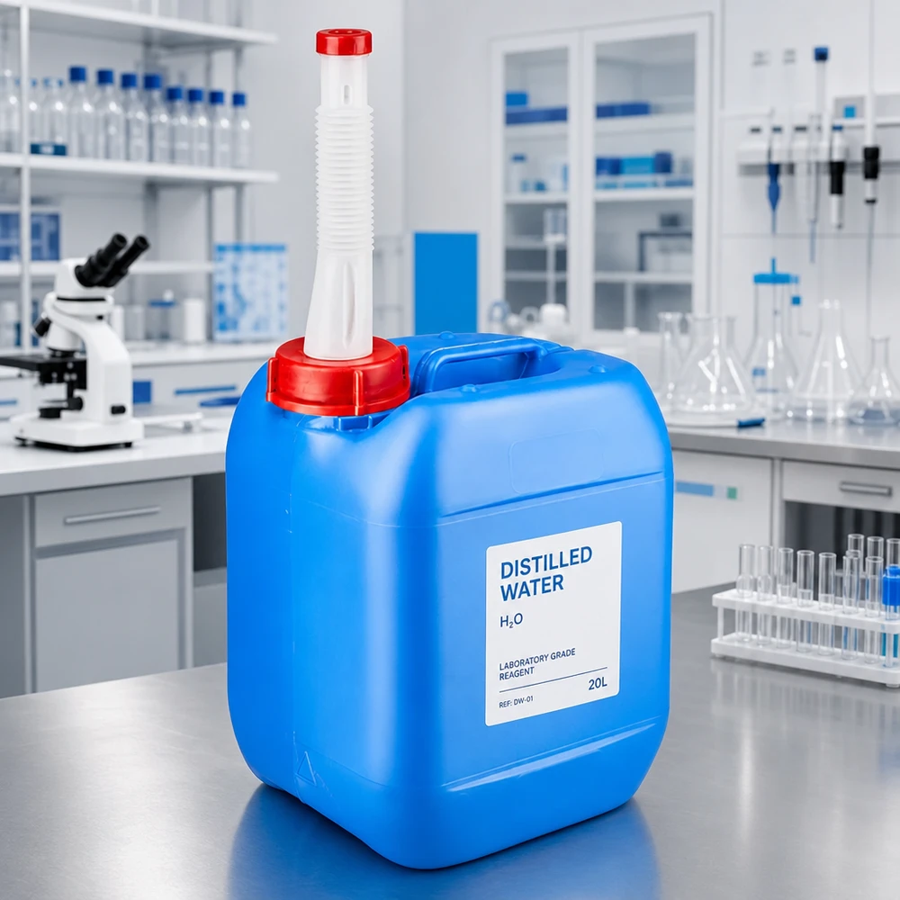 Bidon bleu en PEHD de 5 litres destiné aux produits chimiques, muni d'un goulot de remplissage flexible, pour les applications en laboratoire