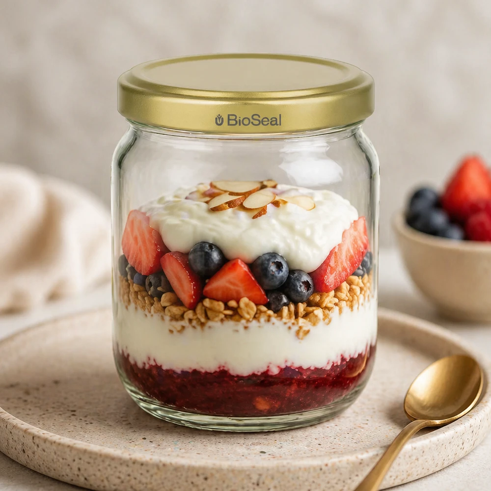 Pot de miel BioSeal de 500g comme récipient pour le petit déjeuner avec yaourt baies muesli dessert en couches et cuillère dorée