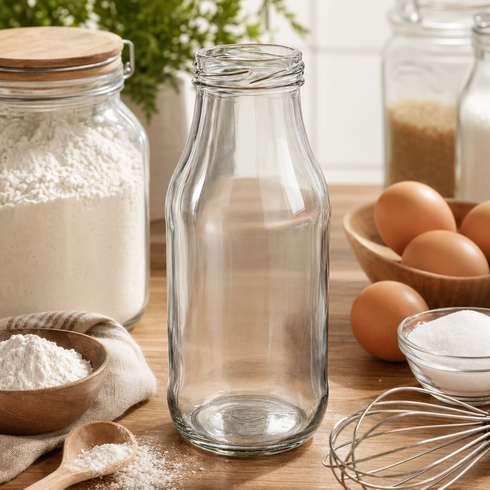 Bouteille en verre vide UNiTWIST 263ml TO43 sur table en bois avec ingrédients de boulangerie farine œufs et ustensiles de cuisine