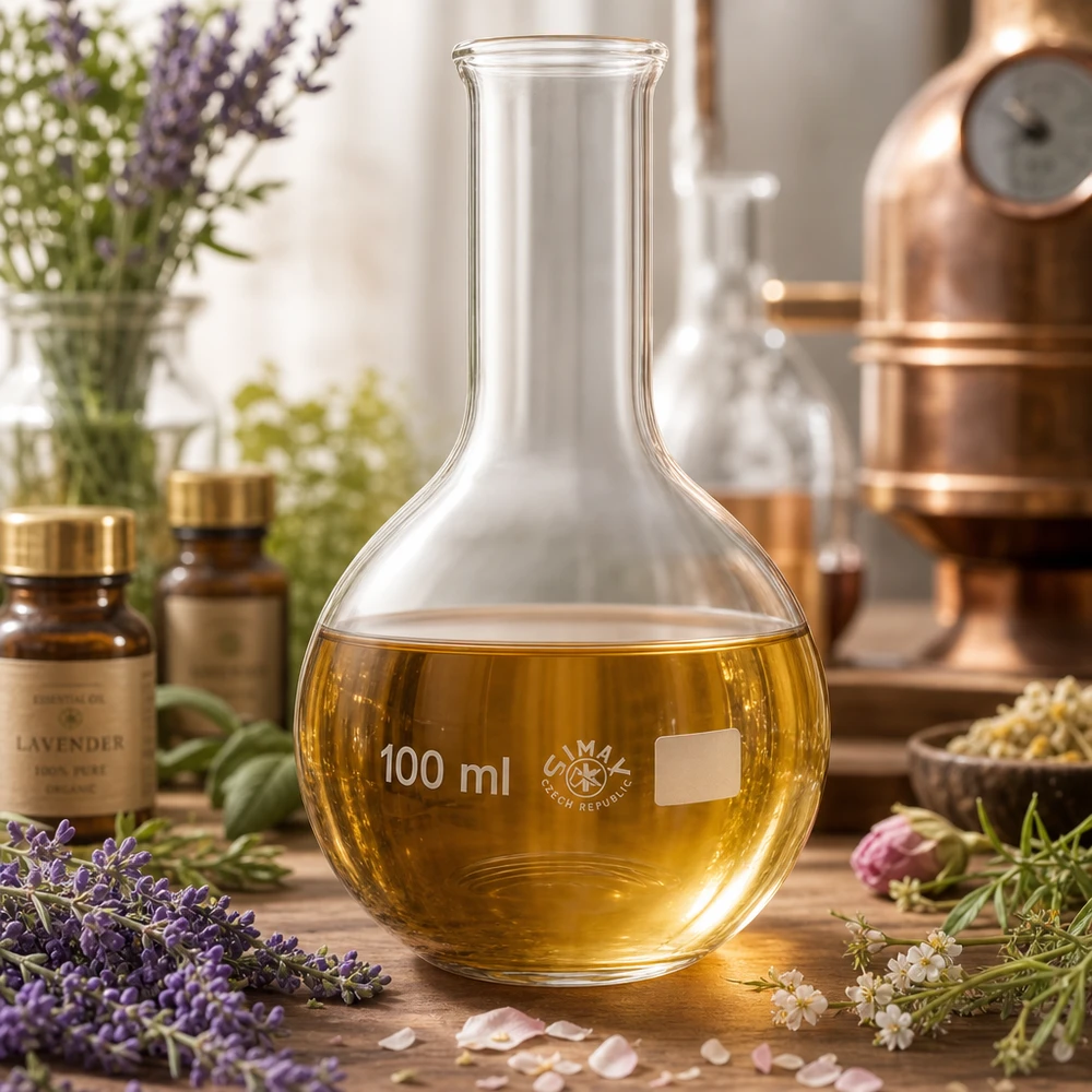 Ballon à fond plat 100 ml à col étroit, en verre borosilicate avec bord renforcé Ballon à fond plat d'une capacité de 100 ml avec col étroit en verre de laboratoire robuste pour des mesures précises