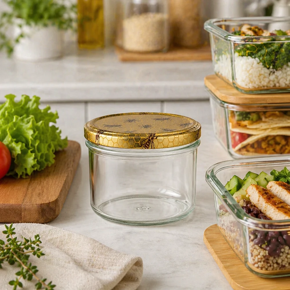 Pot de miel de 250g avec couvercle en nid d'abeille dans la cuisine moderne à côté des boîtes Meal-Prep et des ingrédients frais